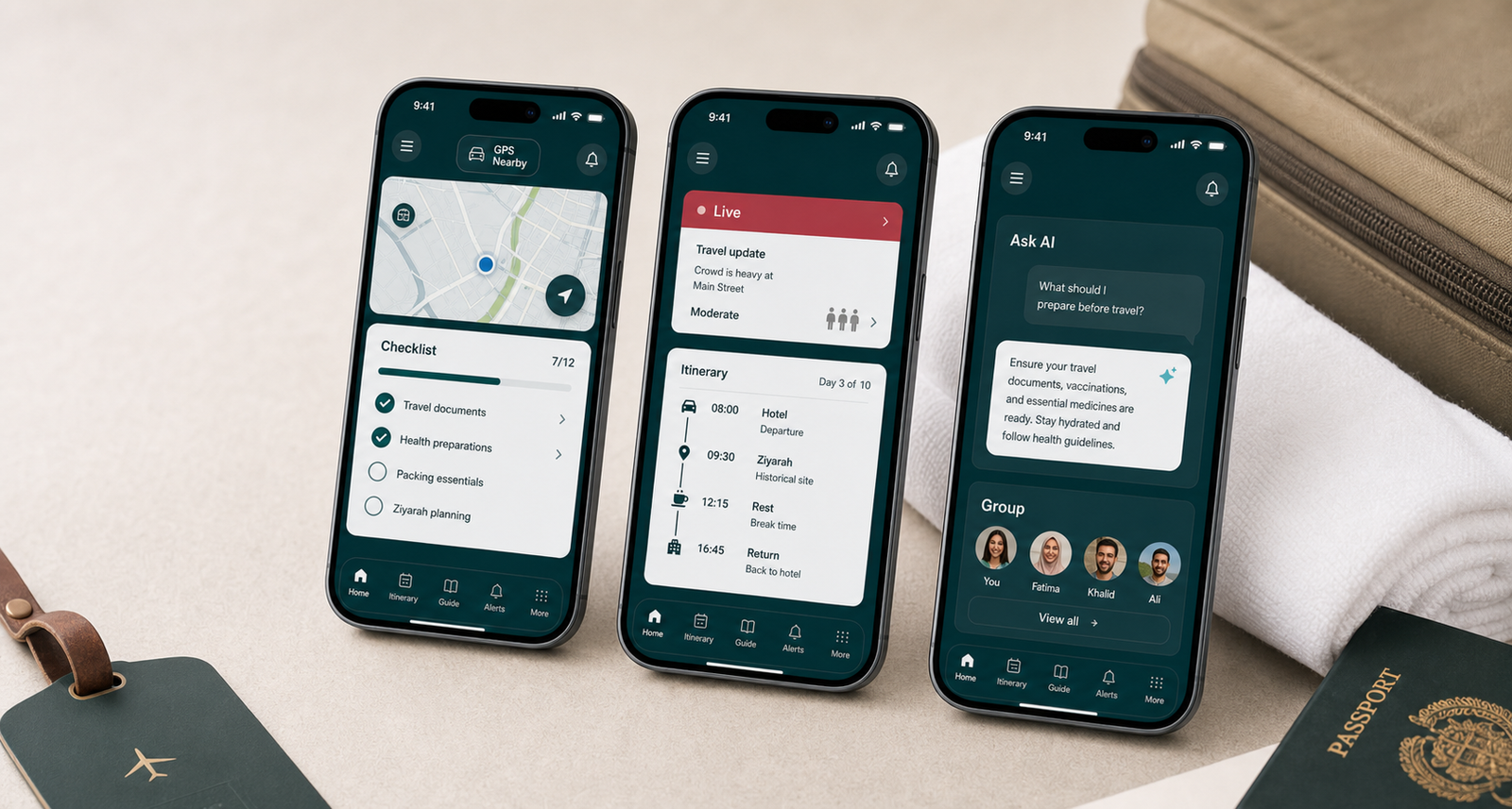 HajjGuider Companion mobile app concept showing checklist, live alert, GPS nearby prompt, and AI guidance screens